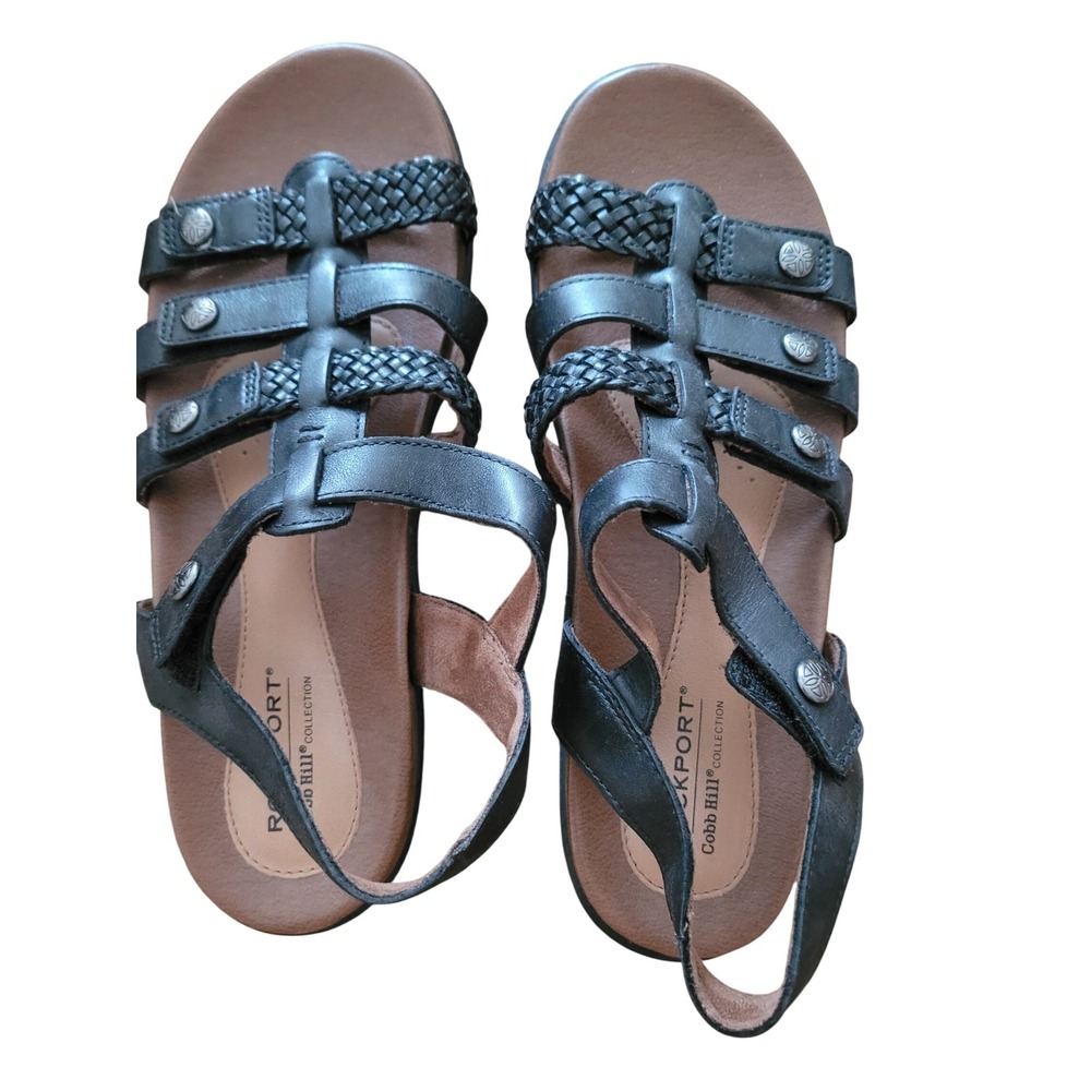 Rockport Cobb Hill Black Leather‎ Braided Gladiator Slingback Sandals Womens